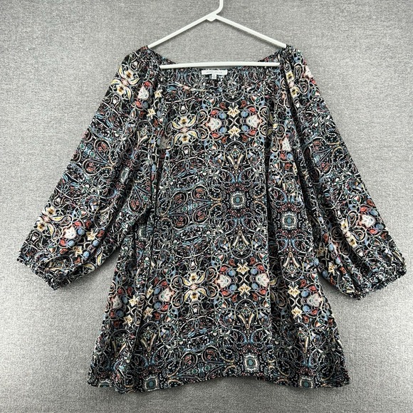 Rose + Olive Top Women Size 2X Geometric Multicolor 3/4 Sleeve Casual - Picture 1 of 7
